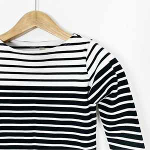 MUJI Top Boat Neck Three Quarter Sleeve Striped Black & White 100% Cotton XS‎